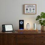 Modernes Airbnb Smart-Host-Setup auf einem Sideboard mit Nuki Smart Lock Pro, tado Heizkörperthermostat und Netatmo Raumluftsensor zur Automatisierung der Ferienwohnung.