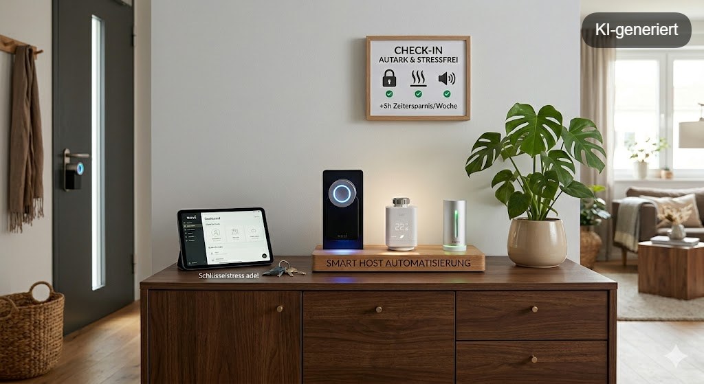 Modernes Airbnb Smart-Host-Setup auf einem Sideboard mit Nuki Smart Lock Pro, tado Heizkörperthermostat und Netatmo Raumluftsensor zur Automatisierung der Ferienwohnung.