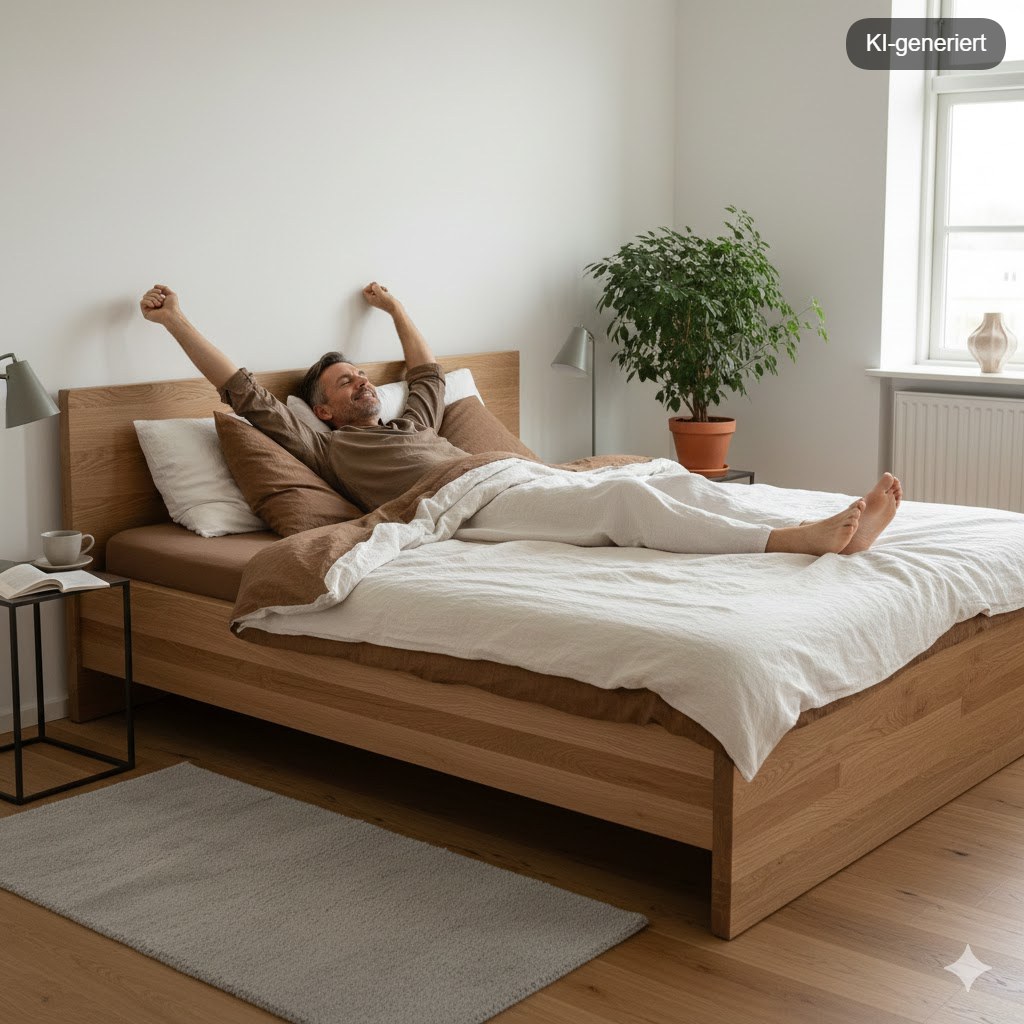 Offenes Schlafsystem mit Holzlamellen und Naturlatex-Elementen in einem hellen skandinavischen Schlafzimmer