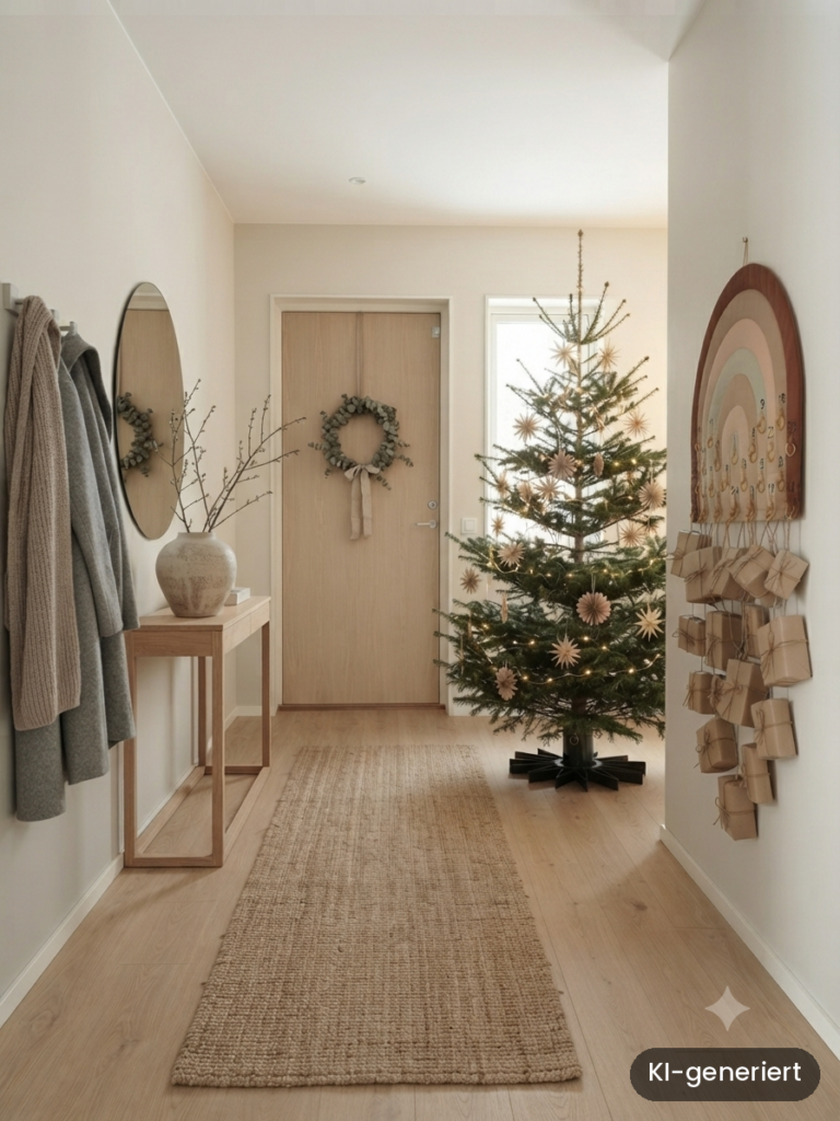 Skandinavischer Flur mit Weihnachtsbaum, Türkranz und Adventskalender aus Kraftpapier – Weihnachten im skandinavischen Stil