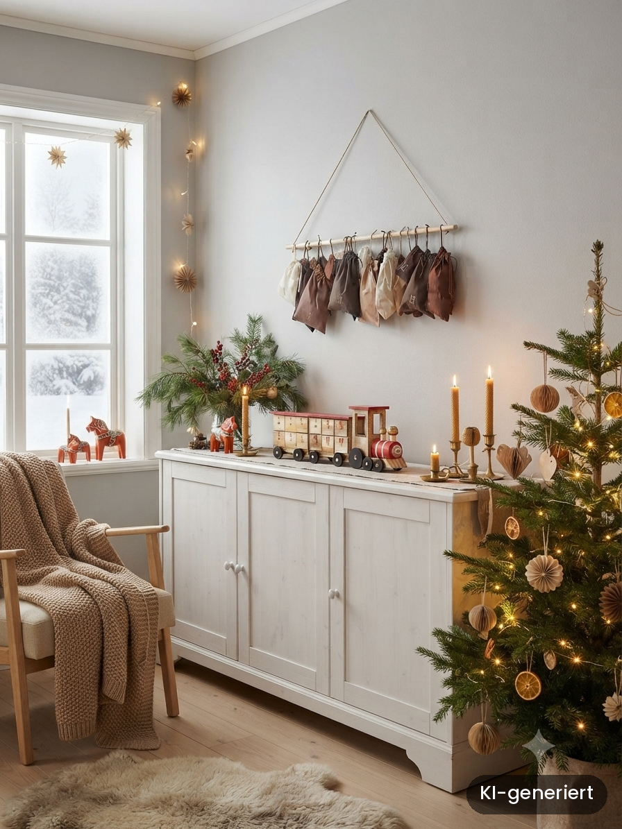 Nachhaltiger wiederverwendbarer Adventskalender im skandinavischen Wohnzimmer