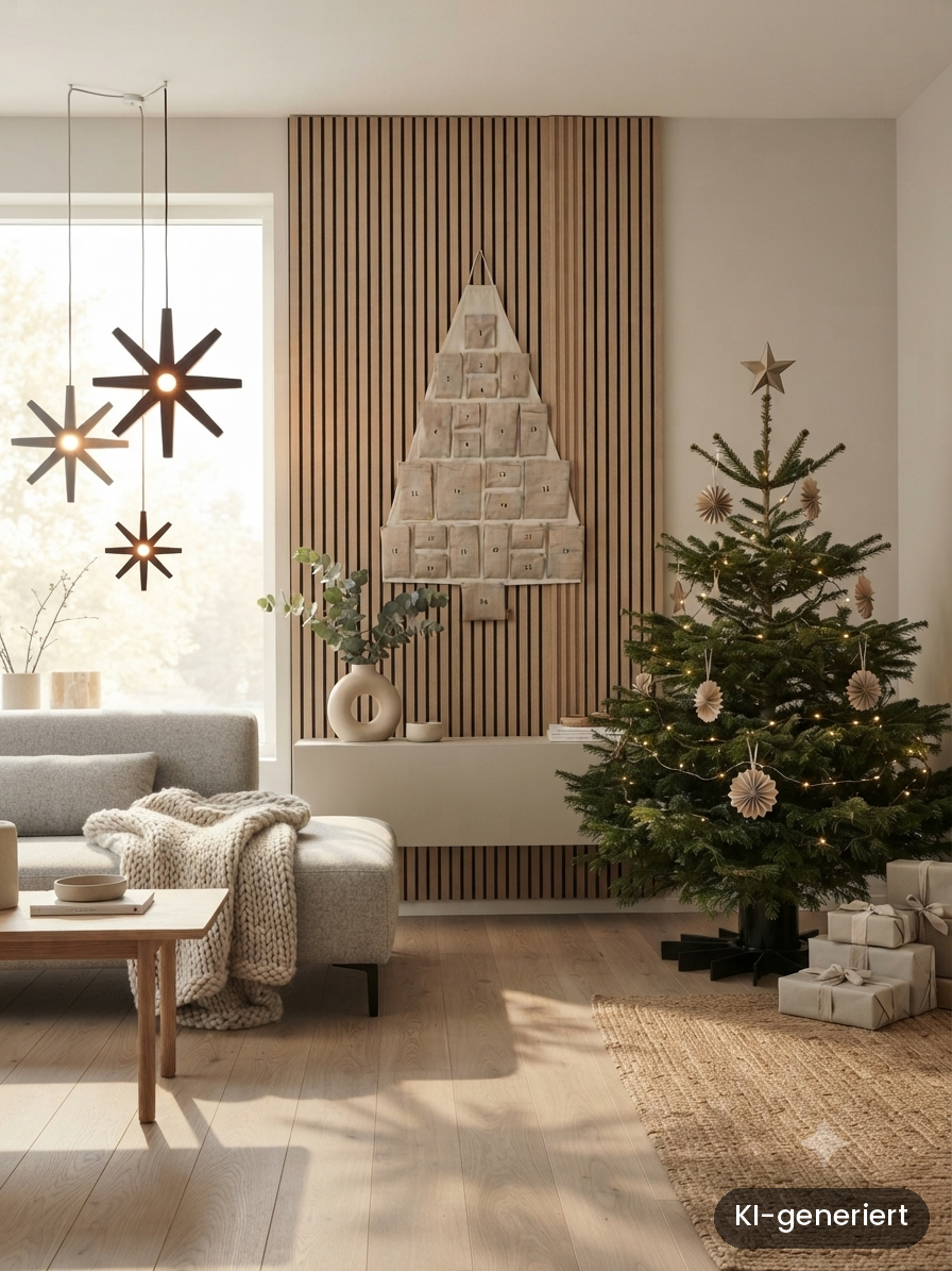Stoff-Adventskalender in Tannenform an einer Holzlamellen-Wand
