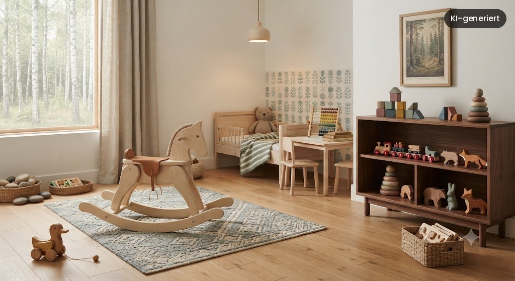 Kinderzimmer mit Schaukelpferd aus Holz, Holzspielzeug im Regal und gedeckten Farben