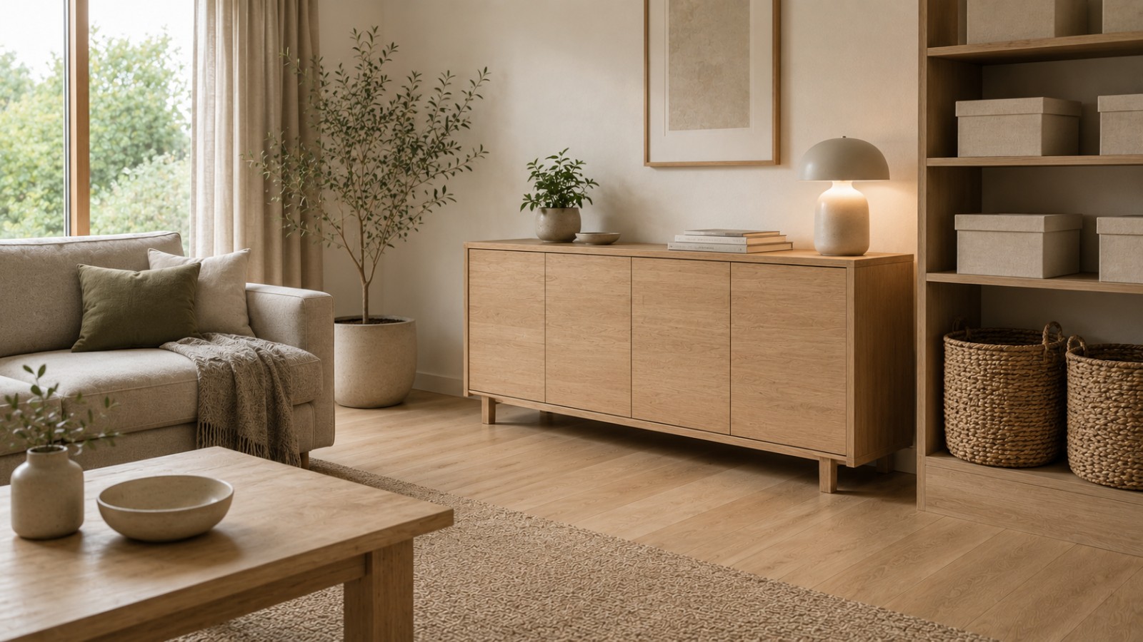 Aufgeräumtes Wohnzimmer mit Sideboard, Aufbewahrungskörben und gestapelten Boxen