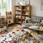 Endlich Ordnung im Wohnzimmer:Stauraum-Ideen und für ein entspanntes Familienleben Wohnzimmer voller Spielzeug mit Regalwand und Aufbewahrungskörben