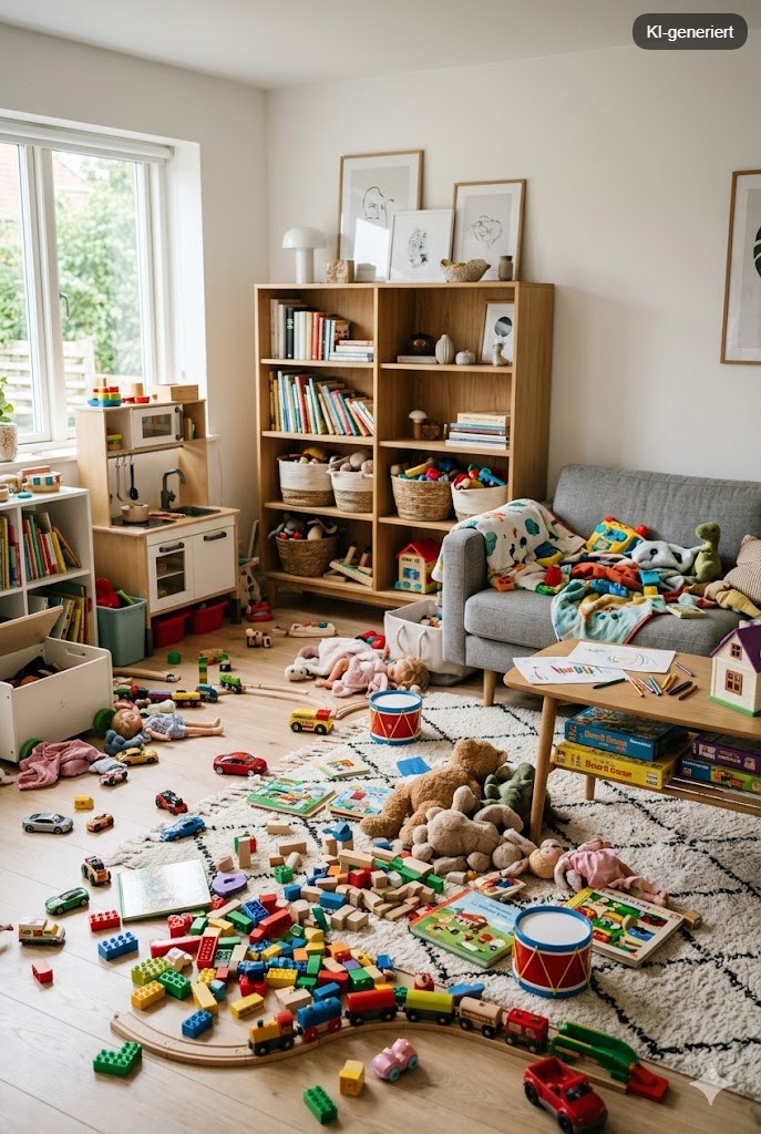 Ein mit Spielsachen übersätes Wohnzimmer – Stauraumideen für den Alltag mit Kindern
