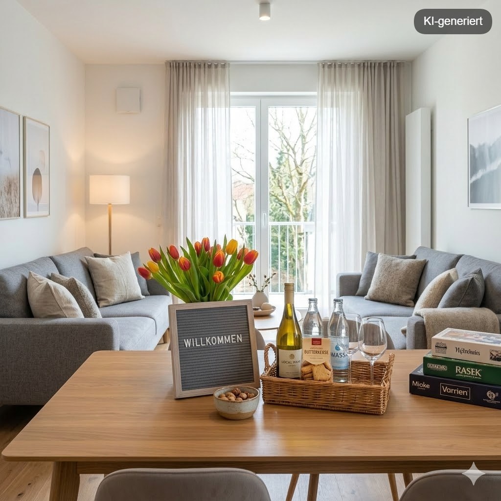 Persönlicher Willkommensgruß in der Ferienwohnung: Filztafel mit Gästenamen und Begrüßungskörbchen mit regionalen Produkten
