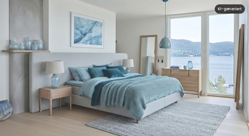 Schlafzimmer in Cool Blue mit Leinenbettwäsche und Holzbett