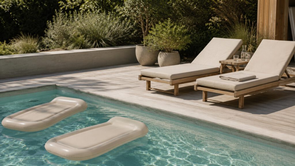 Pool mit zwei schwimmenden Liegen in Beige und Holzdeck mit Sonnenliegen