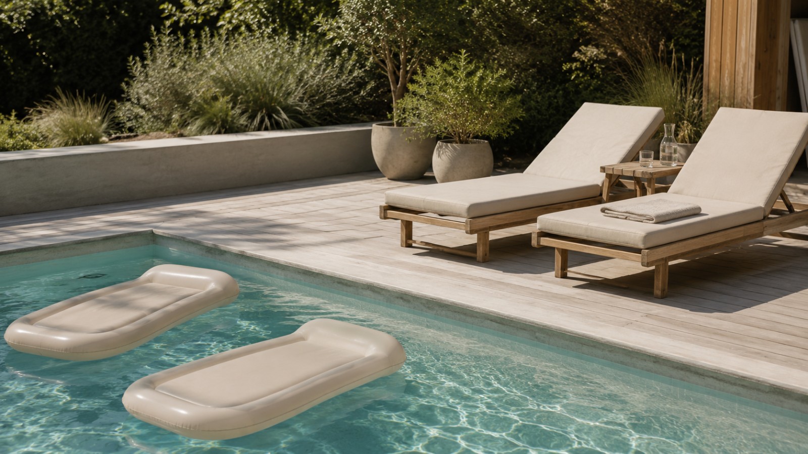 Pool mit zwei schwimmenden Liegen in Beige und Holzdeck mit Sonnenliegen