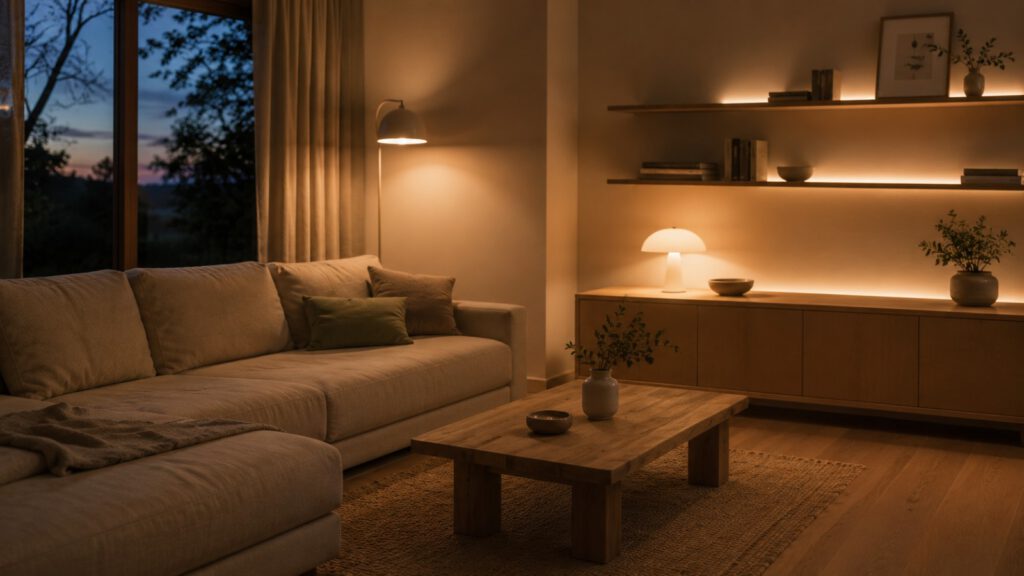 Wohnzimmer am Abend mit warmem Licht aus Stehleuchte, Tischleuchte und Lichtstreifen