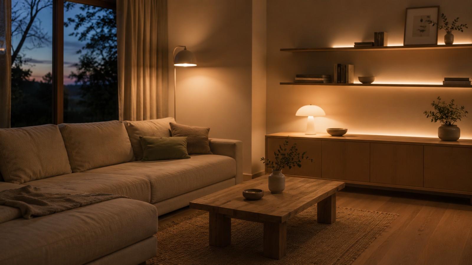 Wohnzimmer am Abend mit warmem Licht aus Stehleuchte, Tischleuchte und Lichtstreifen