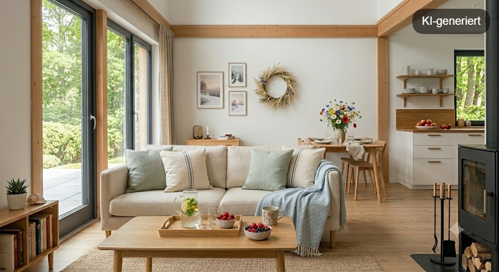 Sommerliche Dekoration in einem Airbnb mit maritimen Akzenten in Blau und Weiß