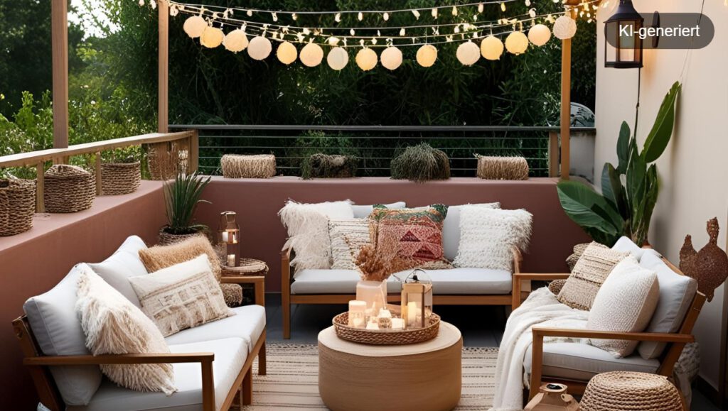 Terrasse mit hängenden Lichterketten und Laternen