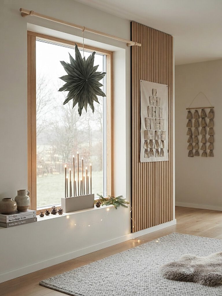 Adventsleuchter auf der Fensterbank – Weihnachten im skandinavischen Stil mit warmem Licht