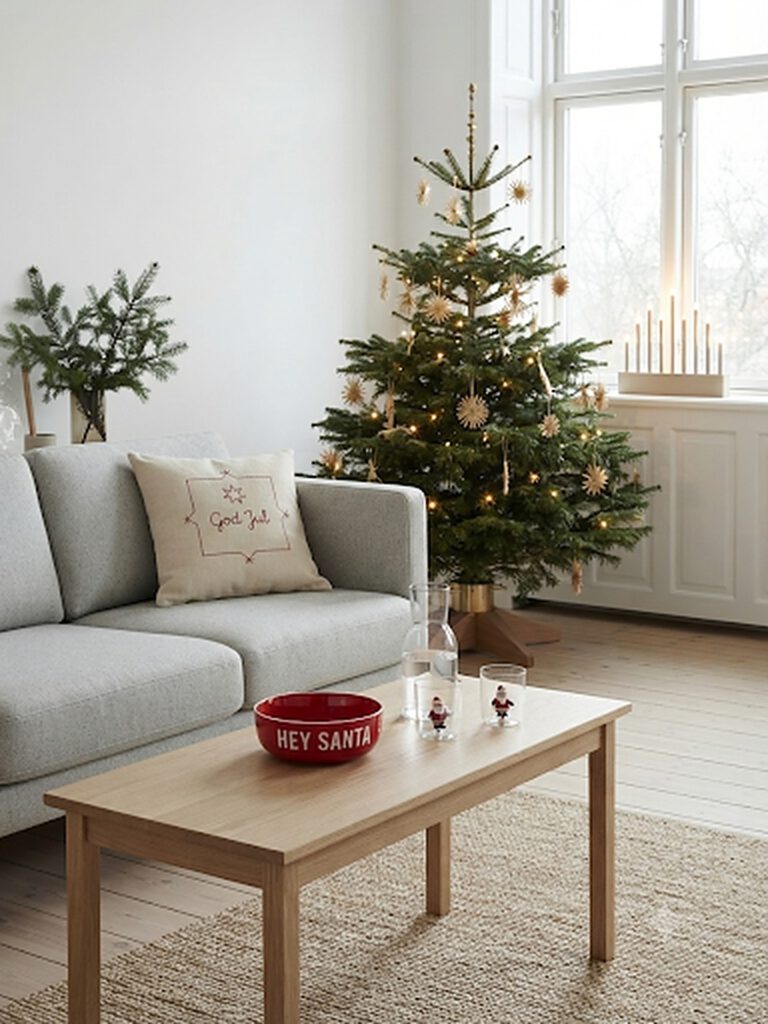 Weihnachtsbaum im skandinavischen Stil neben hellem Sofa mit Naturtönen und Holz