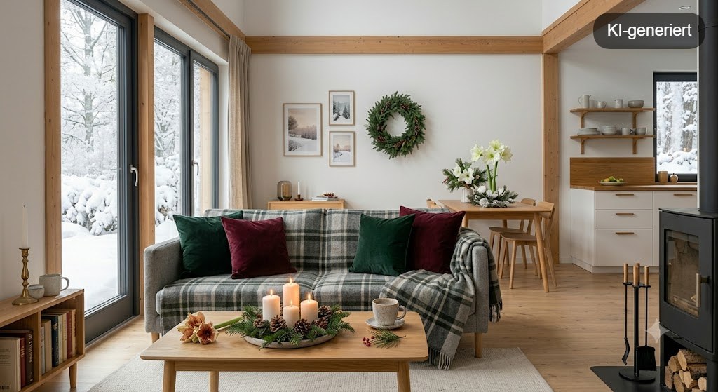 Winterliche Dekoration in einem Airbnb mit Lichterketten, Tannenzweigen und flauschigen Decken