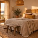 Ferienwohnung im Boho-Stil einrichten: Rattan, Jute und die richtige Mitte Boho-Schlafzimmer einer Ferienwohnung mit Rattan, Jute und Leinen in warmen Naturtönen (KI-generiert)