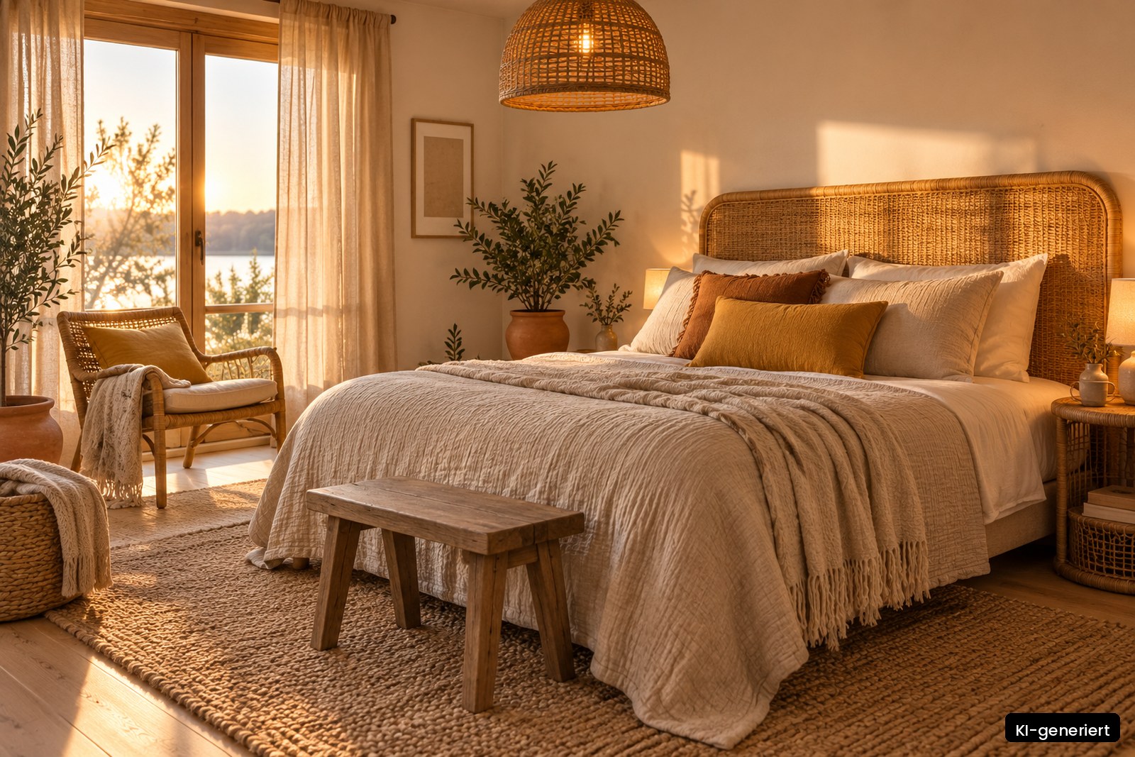 Boho-Schlafzimmer einer Ferienwohnung mit Rattan, Jute und Leinen in warmen Naturtönen (KI-generiert)