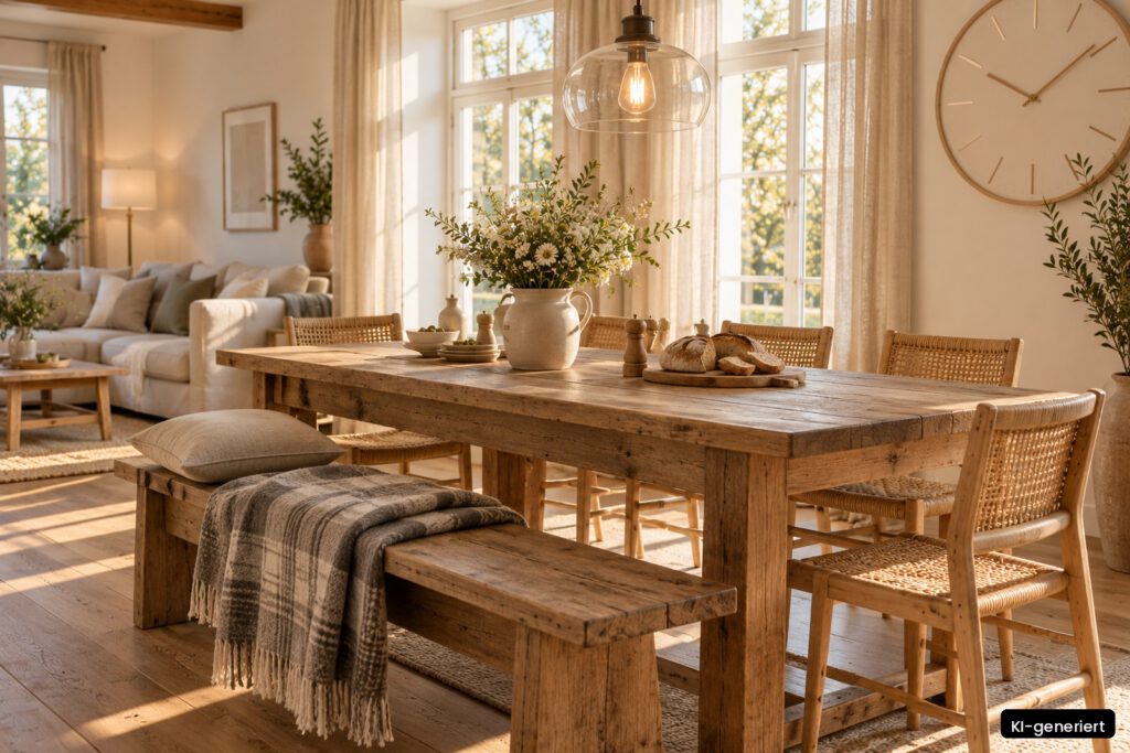 Essbereich einer Ferienwohnung im Landhausstil mit Holztisch, Sprossenstühlen und Leinen (KI-generiert)