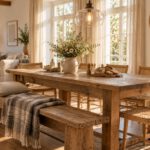 Essbereich einer Ferienwohnung im Landhausstil mit Holztisch, Sprossenstühlen und Leinen (KI-generiert)