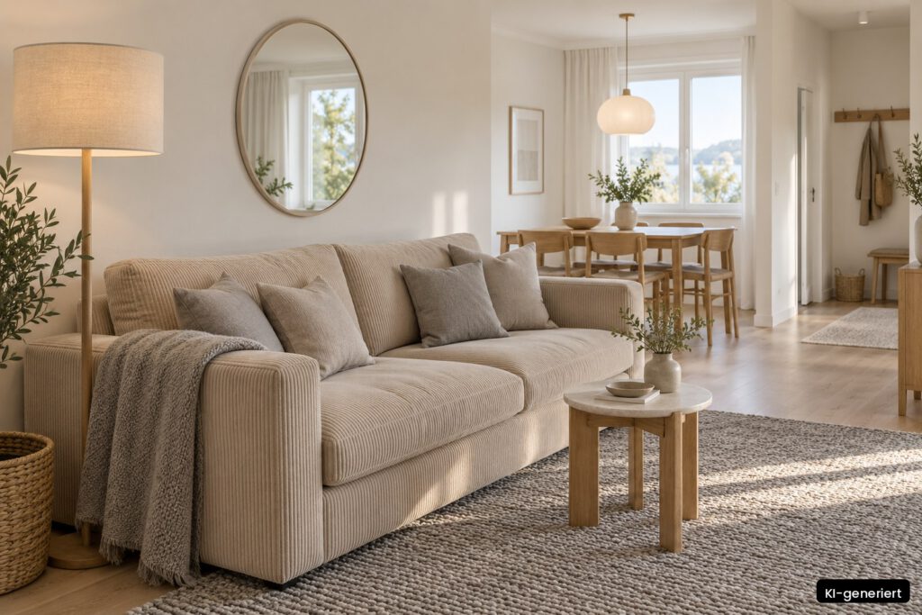 Skandinavisch eingerichtetes Wohnzimmer einer Ferienwohnung mit hellem Holz, Wollteppich und Leinensofa (KI-generiert)