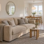 Skandinavisch eingerichtetes Wohnzimmer einer Ferienwohnung mit hellem Holz, Wollteppich und Leinensofa (KI-generiert)