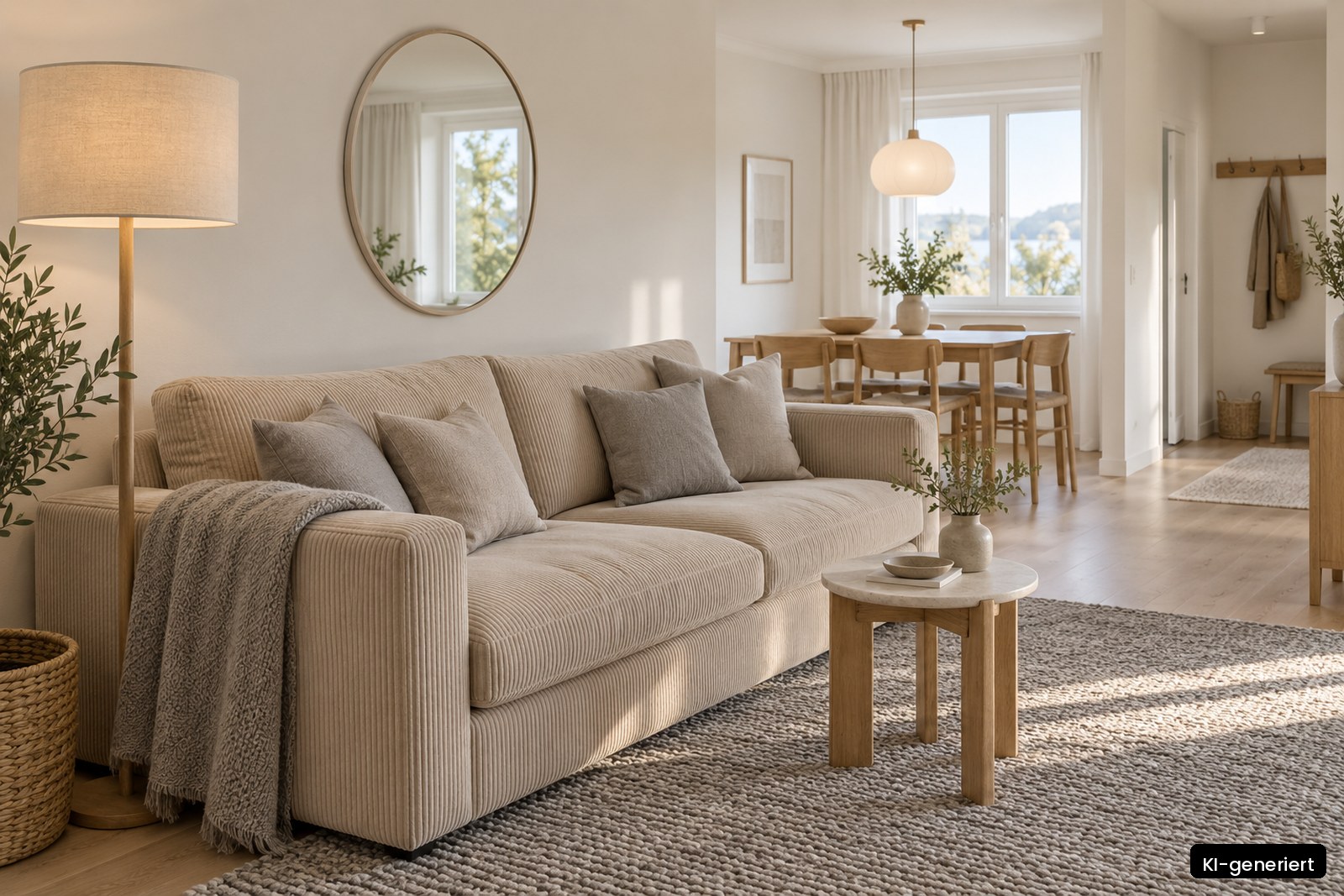 Skandinavisch eingerichtetes Wohnzimmer einer Ferienwohnung mit hellem Holz, Wollteppich und Leinensofa (KI-generiert)