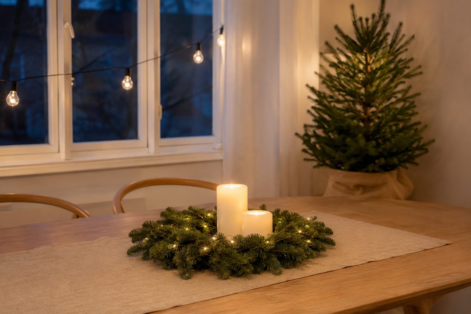 Weihnachtlich dekorierter Esstisch in einer Ferienwohnung: zwei LED-Stumpenkerzen im Tannenkranz mit Lichtern, Lichterkette am Fenster, kleiner Baum auf Baumdecke