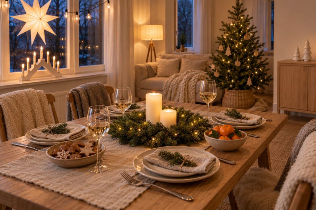 Weihnachtlich dekorierte Ferienwohnung: gedeckter Esstisch mit zwei LED-Stumpenkerzen im Tannenkranz, Papierstern und Fensterleuchter am Fenster, Sofa mit hellen Kissen, kleiner Baum mit Holzanhängern und Keramikbäumchen auf dem Sideboard