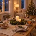 Weihnachtlich dekorierte Ferienwohnung: gedeckter Esstisch mit zwei LED-Stumpenkerzen im Tannenkranz, Papierstern und Fensterleuchter am Fenster, Sofa mit hellen Kissen, kleiner Baum mit Holzanhängern und Keramikbäumchen auf dem Sideboard