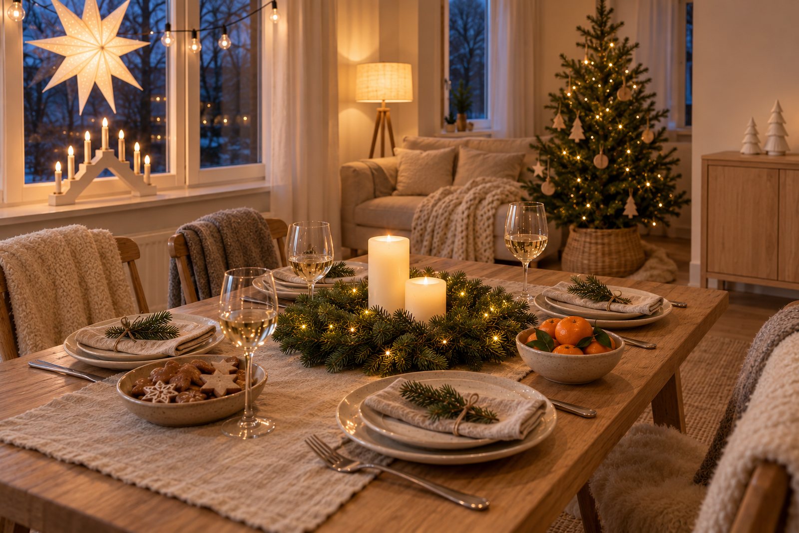 Weihnachtlich dekorierte Ferienwohnung: gedeckter Esstisch mit zwei LED-Stumpenkerzen im Tannenkranz, Papierstern und Fensterleuchter am Fenster, Sofa mit hellen Kissen, kleiner Baum mit Holzanhängern und Keramikbäumchen auf dem Sideboard