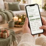 Hände halten ein Handy mit dem Geschenke-Finder von ah.living vor weihnachtlichem Wohnzimmer