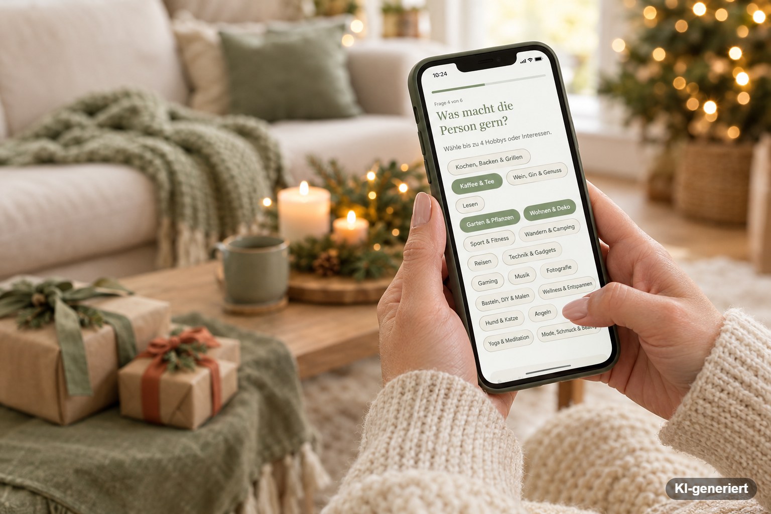 Hände halten ein Handy mit dem Geschenke-Finder von ah.living vor weihnachtlichem Wohnzimmer